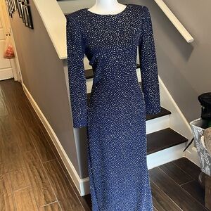 Morton Myles Navy Blue Long Gown. Side split, backless.Rhinestone neck closure 8